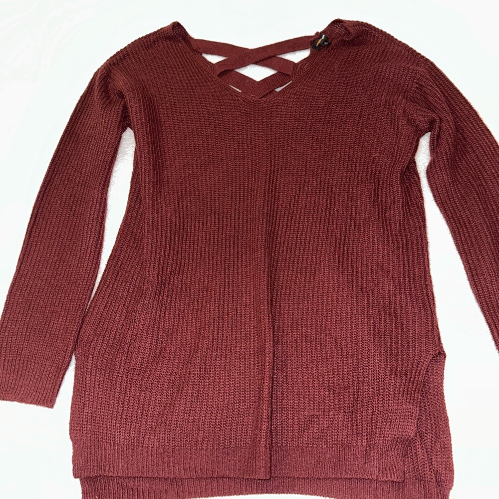 Burgundy Knit Sweater with Crisscross Neckline